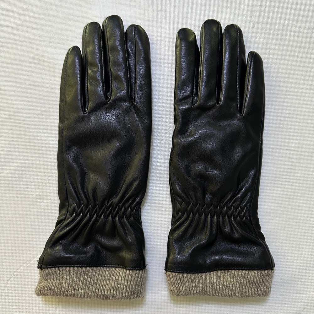Womens Black Faux Leather Gloves Size 7 S Wool Blend Knit Cuff Winter Driving